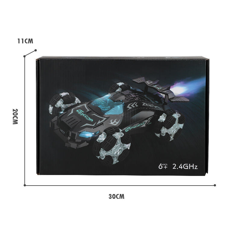 PLAYPULSE spray stunt RC car with lights and music in black packaging with 2.4GHz remote control