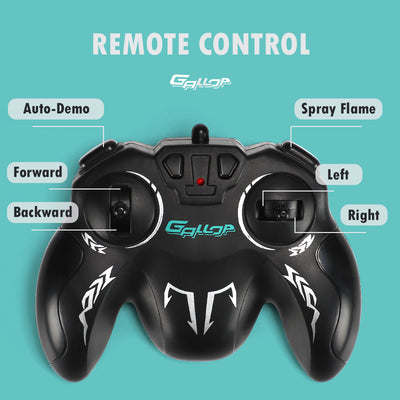 PLAYPULSE remote control for spray stunt RC car with lights and music showing labeled buttons for directions and features