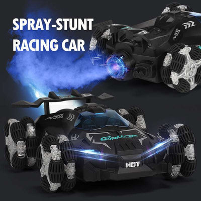 PLAYPULSE spray stunt RC car with lights and music showing black design with blue LED lights and smoke effects