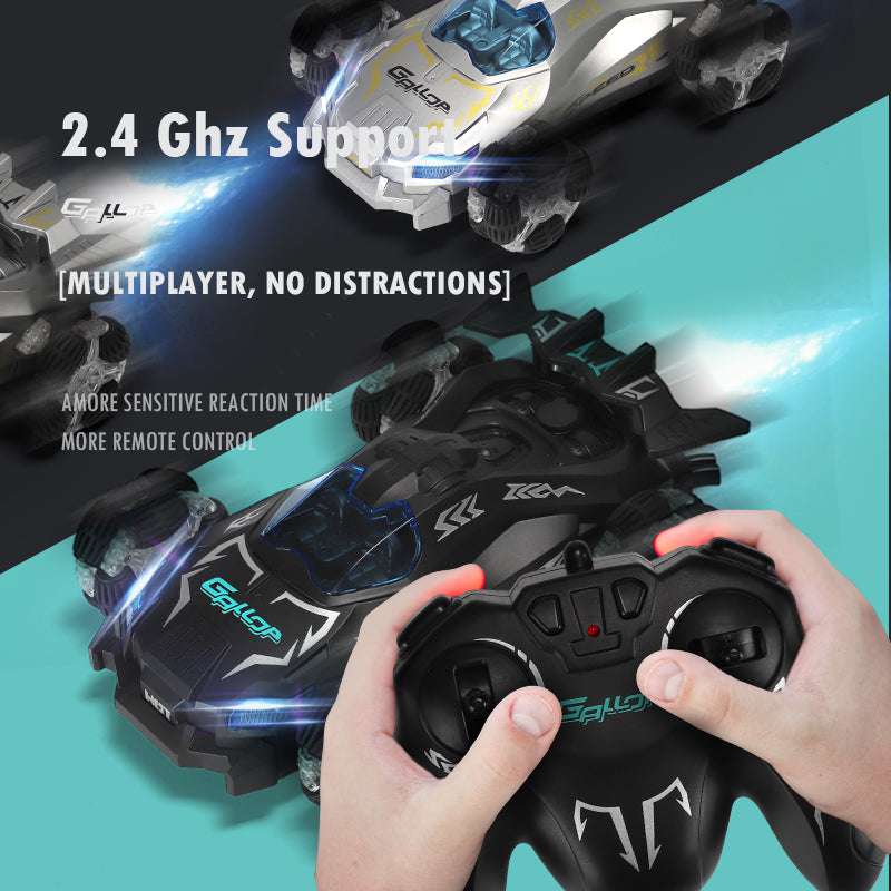 PLAYPULSE spray stunt RC car with lights and music in black and white with remote control in hands