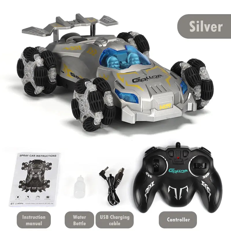 PLAYPULSE silver spray stunt RC car with lights and music including controller, USB cable, water bottle, and manual