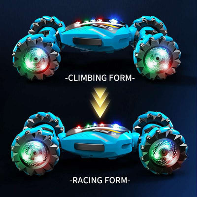 PLAYPULSE spray stunt twist RC car in blue showing climbing and racing forms with colorful LED lights
