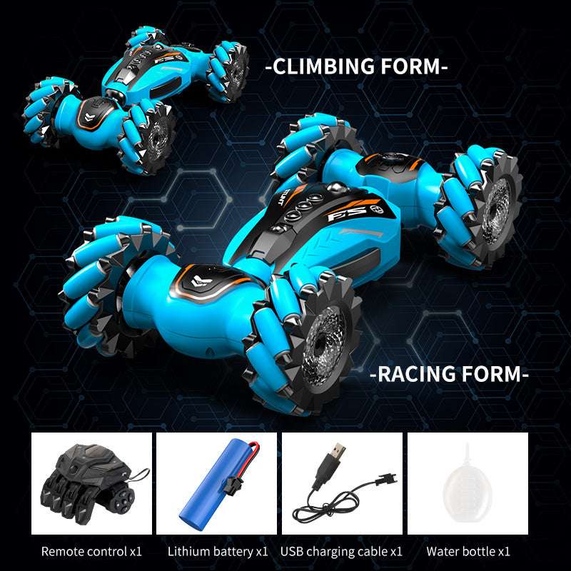 PLAYPULSE spray stunt twist RC car in blue with climbing and racing forms and included accessories