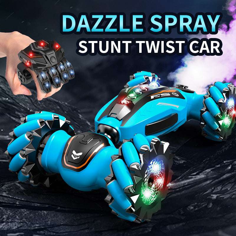 PLAYPULSE spray stunt twist RC car in blue with LED lights and unique wheels performing stunts