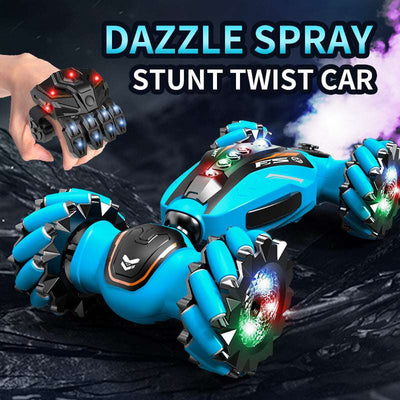 PLAYPULSE spray stunt twist RC car in blue with LED lights and unique wheels performing stunts