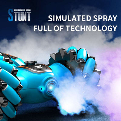 PLAYPULSE spray stunt twist RC car in blue performing simulated spray smoke stunt