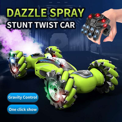 PLAYPULSE spray stunt twist RC car with green body, unique wheels, and a futuristic hand controller with LED lights