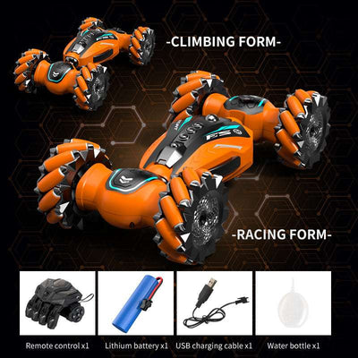 PLAYPULSE spray stunt twist RC car in orange with climbing and racing form plus remote, battery, USB charger, and water bottle