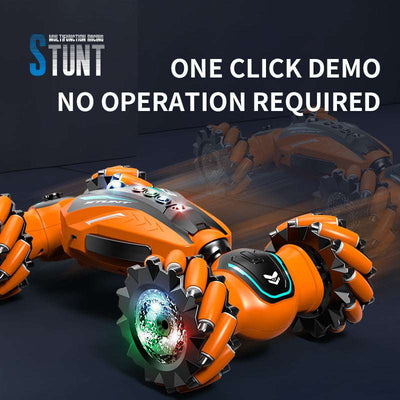 PLAYPULSE orange spray stunt twist RC car with multi-directional wheels and one click demo feature