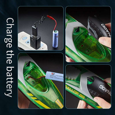 PLAYPULSE LED light-up racing RC boat showing battery charging steps and remote control