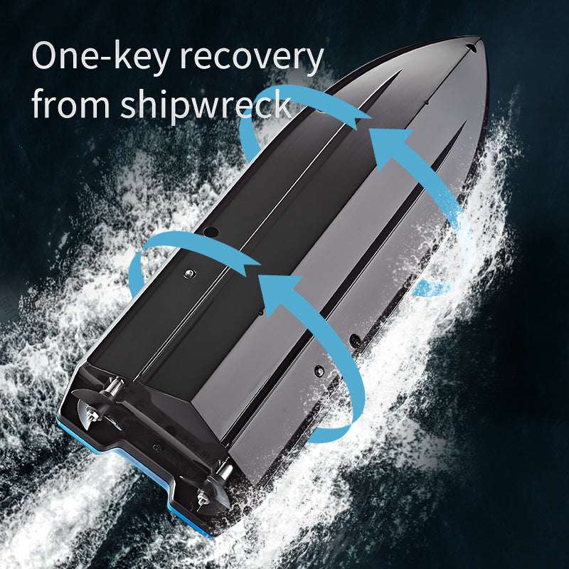 PLAYPULSE LED light-up racing RC boat showing one-key recovery from shipwreck feature in water