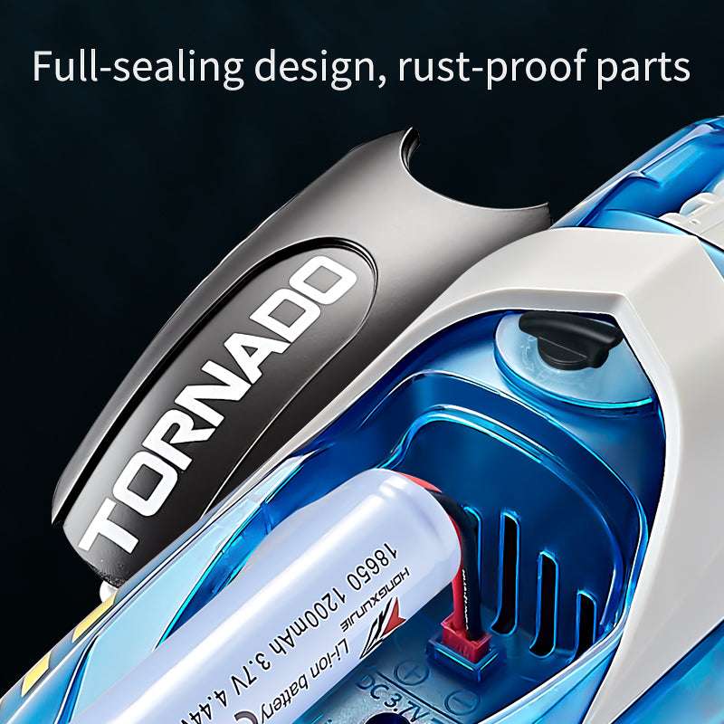 PLAYPULSE LED light-up racing RC boat showing rust-proof parts and full-sealing design close-up