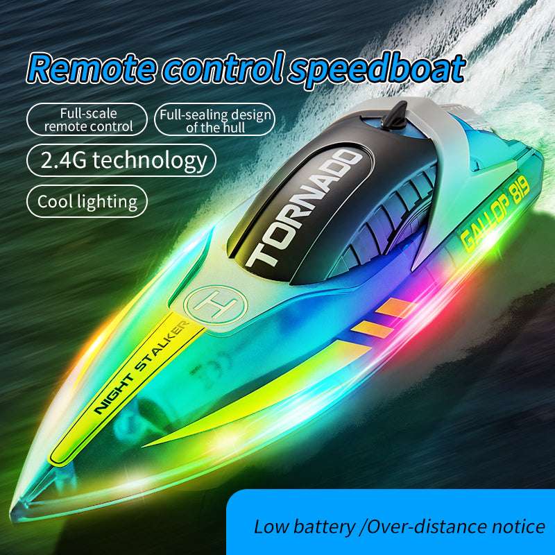 PLAYPULSE LED light-up racing RC boat with bright colorful lights and sleek remote control speedboat design