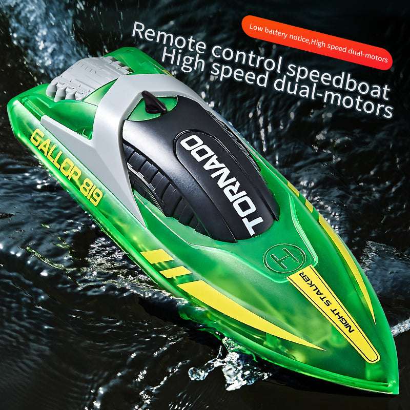 PLAYPULSE LED light-up racing RC boat in green with high speed dual motors on water